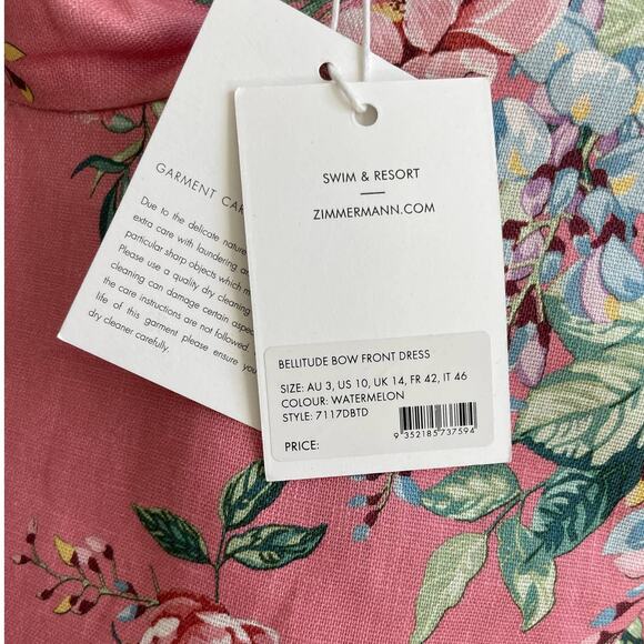 Zimmermann Bellitude Bow Front Pink Floral Linen Mini Dress Size 3/US 10 - Picture 11 of 11